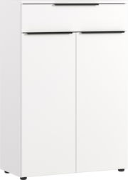 Weißer Aktenschrank mit zwei Türen und einer Schublade, Frontalansicht