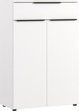 Weißer Aktenschrank mit zwei Türen und einer Schublade, Frontalansicht