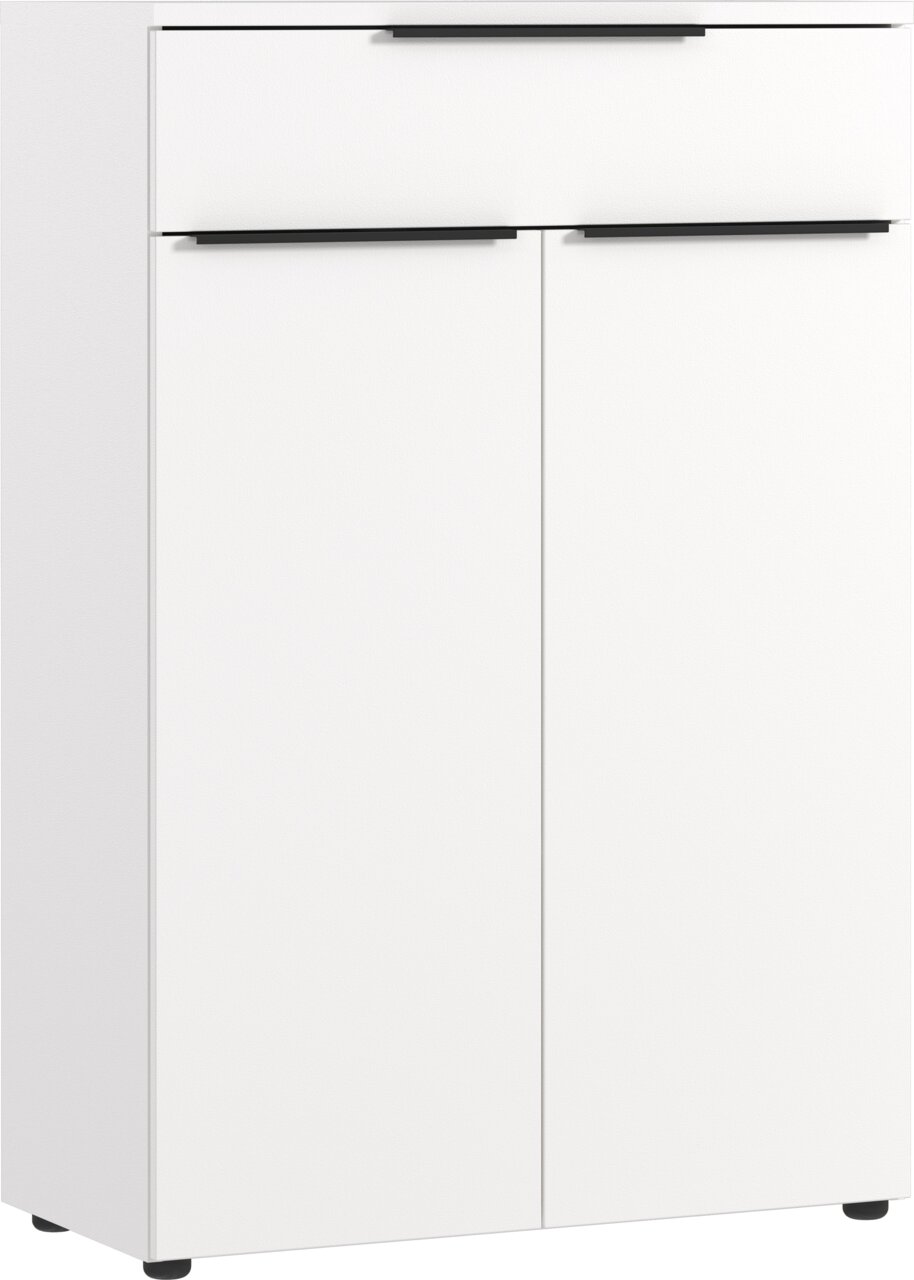 Weißer Aktenschrank mit zwei Türen und einer Schublade, Frontalansicht
