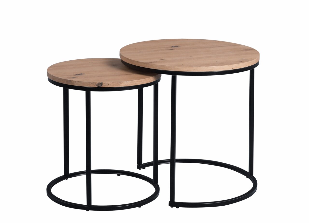 Cantus Tafel met twee bladen DENVER Zwei runde Beistelltische aus Holz mit schwarzen Metallbeinen, seitliche Perspektive