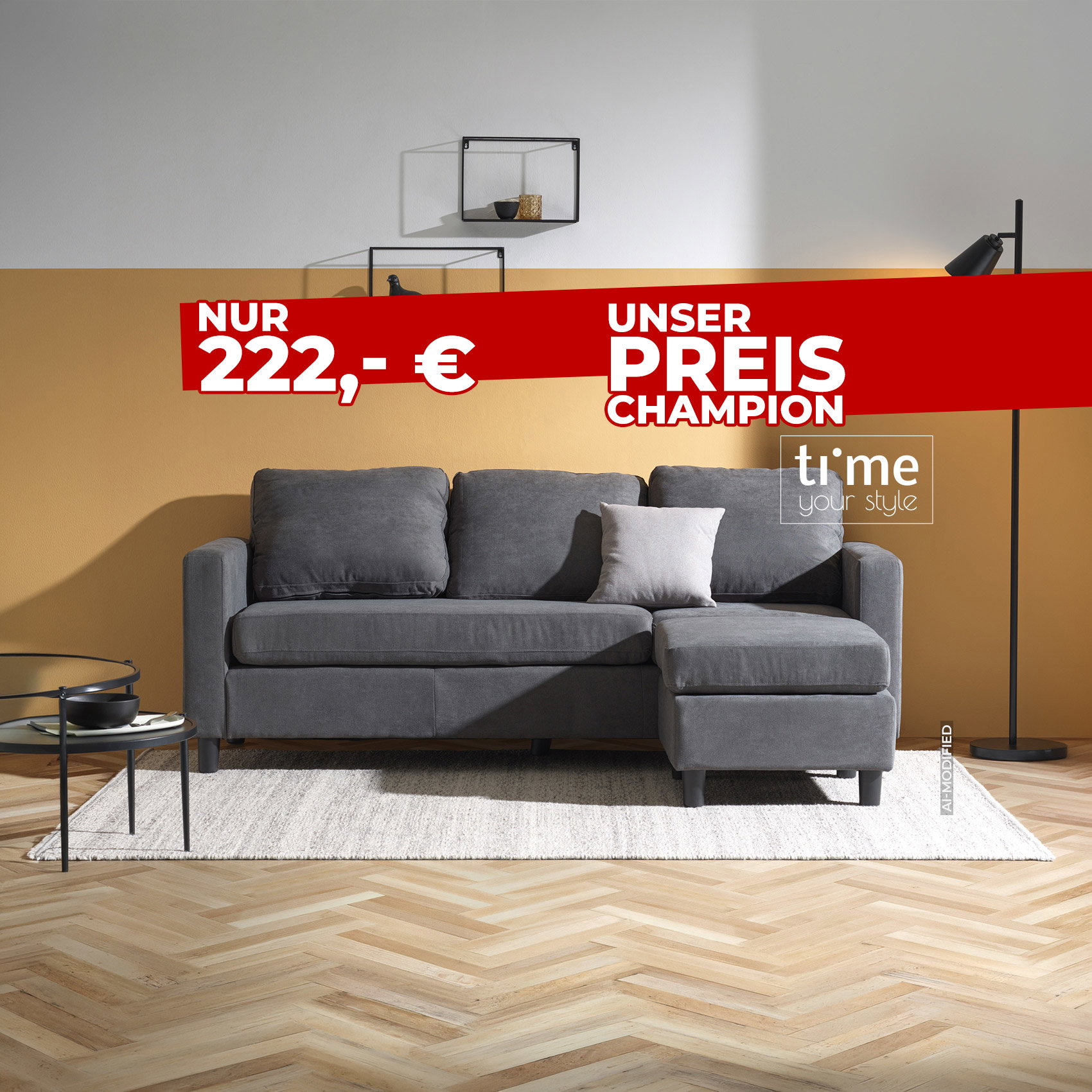 Graues Ecksofa mit Kissen in modernem Wohnzimmer, beworben als Preis-Champion für 222 Euro. AI-modified