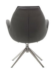 Rückansicht eines modernen Armlehnstuhls mit schwarzem Lederbezug und Metallgestell.