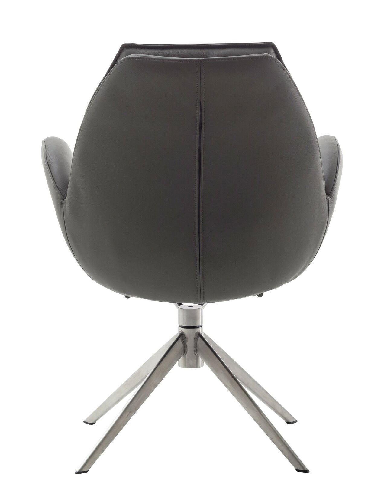 Rückansicht eines modernen Armlehnstuhls mit schwarzem Lederbezug und Metallgestell.