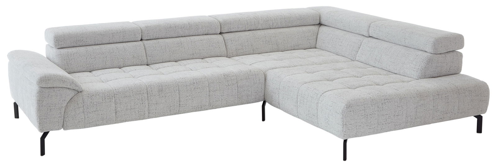 Beldomo Style Ecksofa VEGAS Graue Eckgarnitur mit verstellbaren Kopfstützen und schwarzen Beinen, Perspektive von schräg vorne.