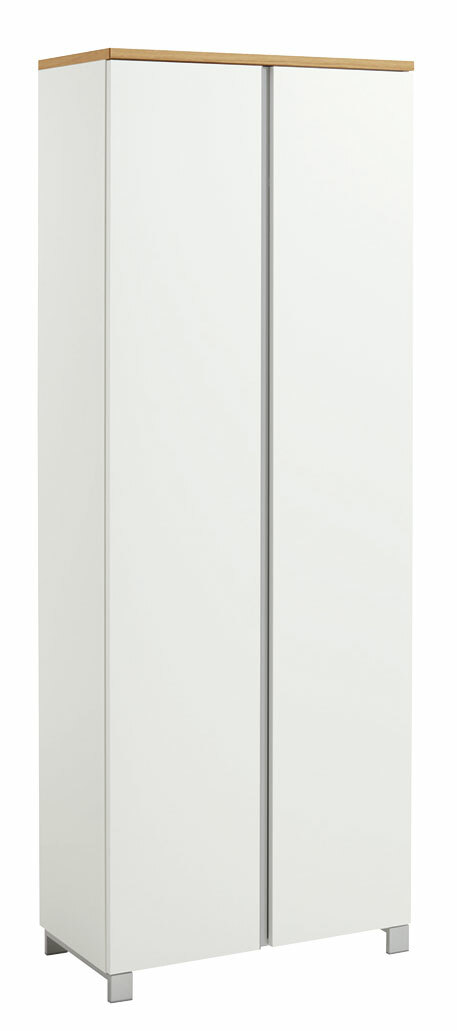 VOSS Garderobenschrank SALEA Moderner weißer Garderobenschrank mit zwei Türen, Holzoberfläche und Metallfüßen, seitliche Perspektive.