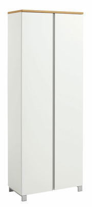 Moderner weißer Garderobenschrank mit zwei Türen, Holzoberfläche und Metallfüßen, seitliche Perspektive.