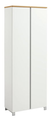 Moderner weißer Garderobenschrank mit zwei Türen, Holzoberfläche und Metallfüßen, seitliche Perspektive.