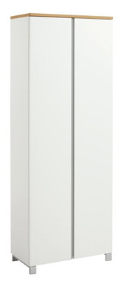 Moderner weißer Garderobenschrank mit zwei Türen, Holzoberfläche und Metallfüßen, seitliche Perspektive.