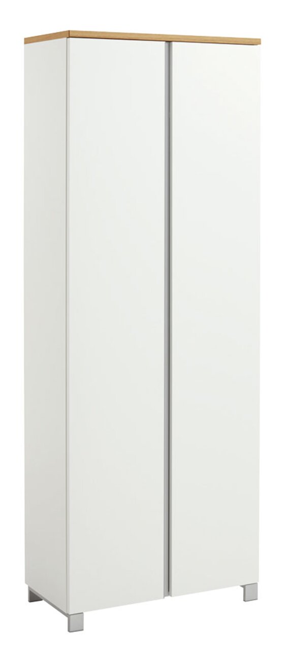 Moderner weißer Garderobenschrank mit zwei Türen, Holzoberfläche und Metallfüßen, seitliche Perspektive.