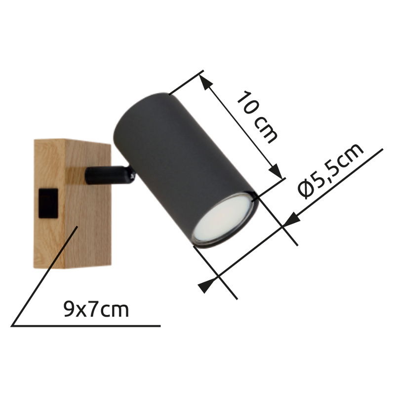 Strahler aus Metall in Graphitfarbe mit Holzsockel, seitliche Perspektive, Maße 10 cm Länge, 5,5 cm Durchmesser, Sockel 9x7 cm.