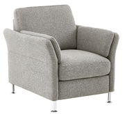 Grauer Sessel mit Metallfüßen, seitliche Perspektive