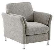 Grauer Sessel mit Metallfüßen, seitliche Perspektive