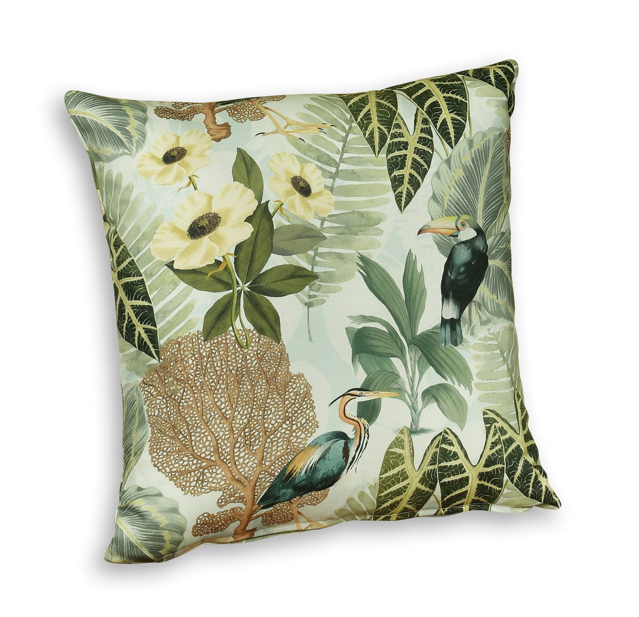 Dekokissen mit tropischem Muster, zeigt Vögel und Blätter aus der Vogelperspektive.