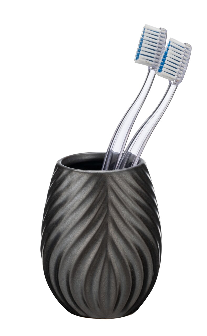 Keramik Zahnputzbecher mit wellenförmigem Design, gefüllt mit zwei Zahnbürsten, seitliche Perspektive