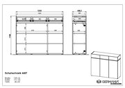 Technische Zeichnung eines Schuhschranks mit den Maßen Breite: 135 cm, Höhe: 111 cm, Tiefe: 40 cm. Frontansicht, Seitenansicht und perspektivische Darstellung enthalten.