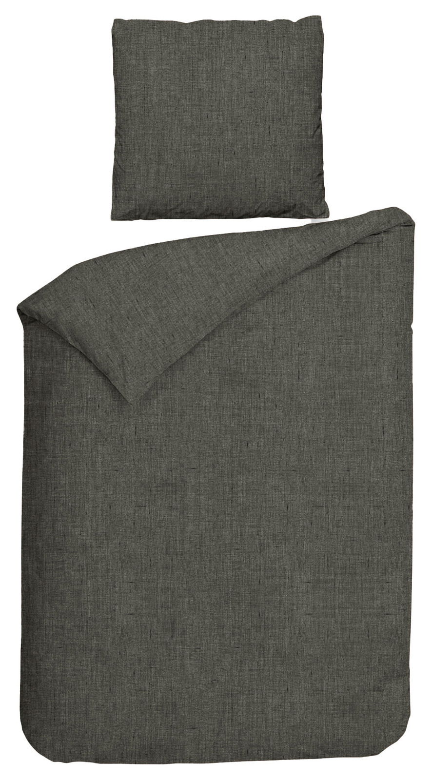 Flanell-Bettwäsche-Set in Dunkelgrau, bestehend aus einem Kissenbezug und einem Bettdeckenbezug, aus der Vogelperspektive fotografiert.