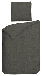 Flanell-Bettwäsche-Set in Dunkelgrau, bestehend aus einem Kissenbezug und einem Bettdeckenbezug, aus der Vogelperspektive fotografiert.