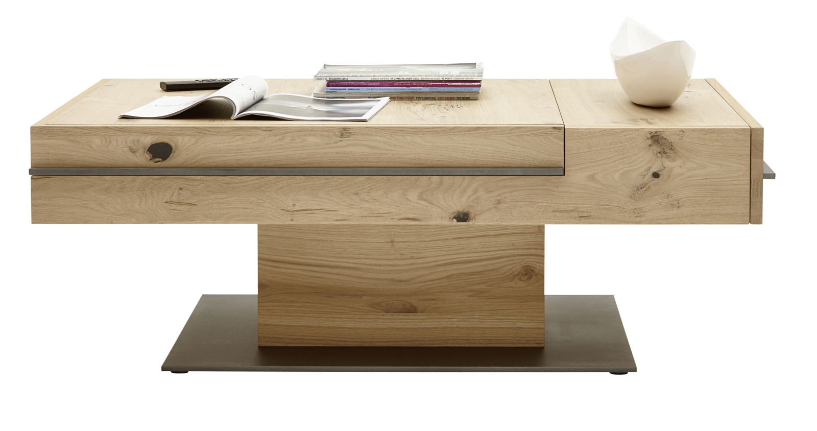 Moderner Couchtisch aus Holz mit rechteckiger Form, seitlicher Perspektive, dekoriert mit Zeitschriften und einer Schale.