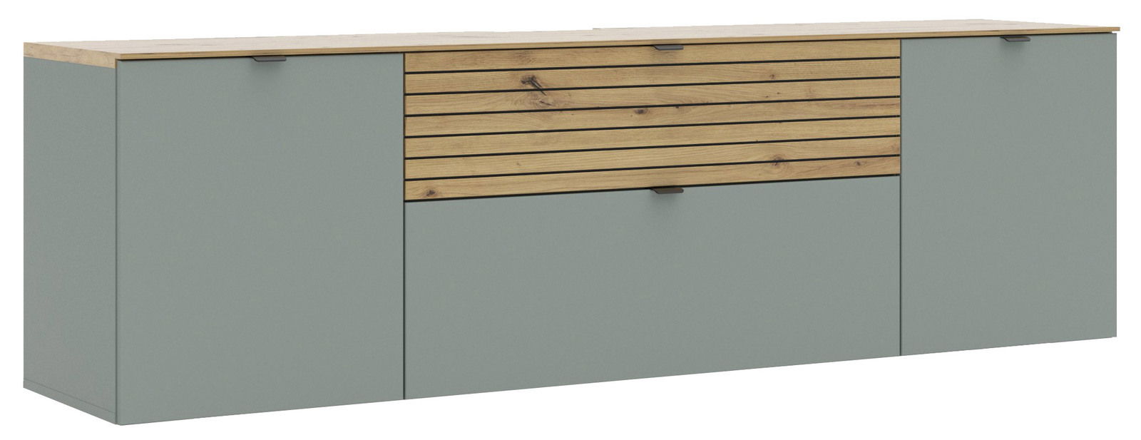 TV-Lowboard in modernem Design mit grauen Fronten und Holzdetails, seitliche Perspektive