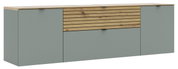 TV-Lowboard in modernem Design mit grauen Fronten und Holzdetails, seitliche Perspektive