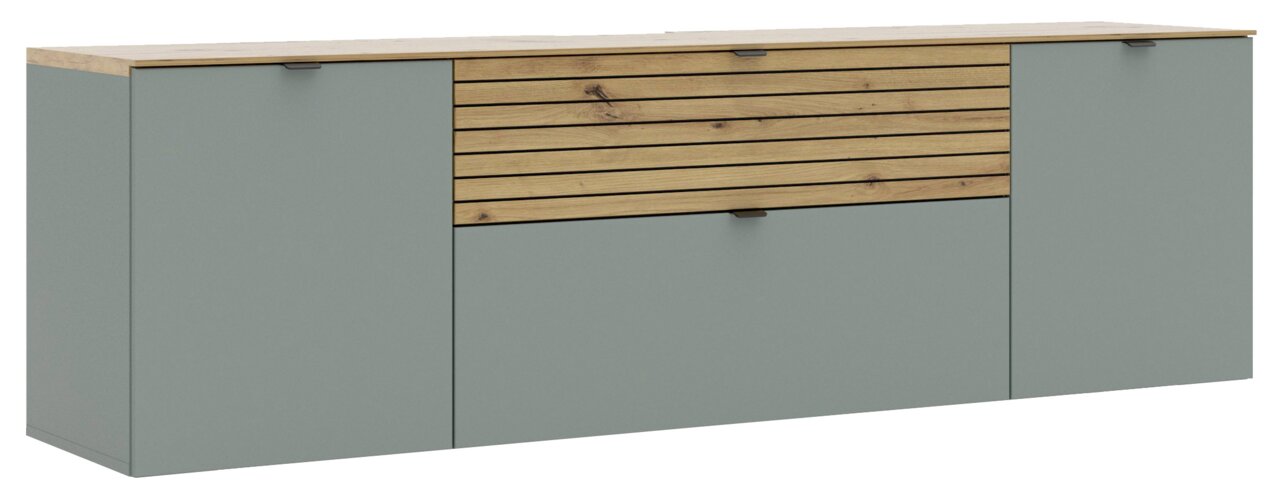 Voleo TV-Lowboard DIANA TV-Lowboard in modernem Design mit grauen Fronten und Holzdetails, seitliche Perspektive