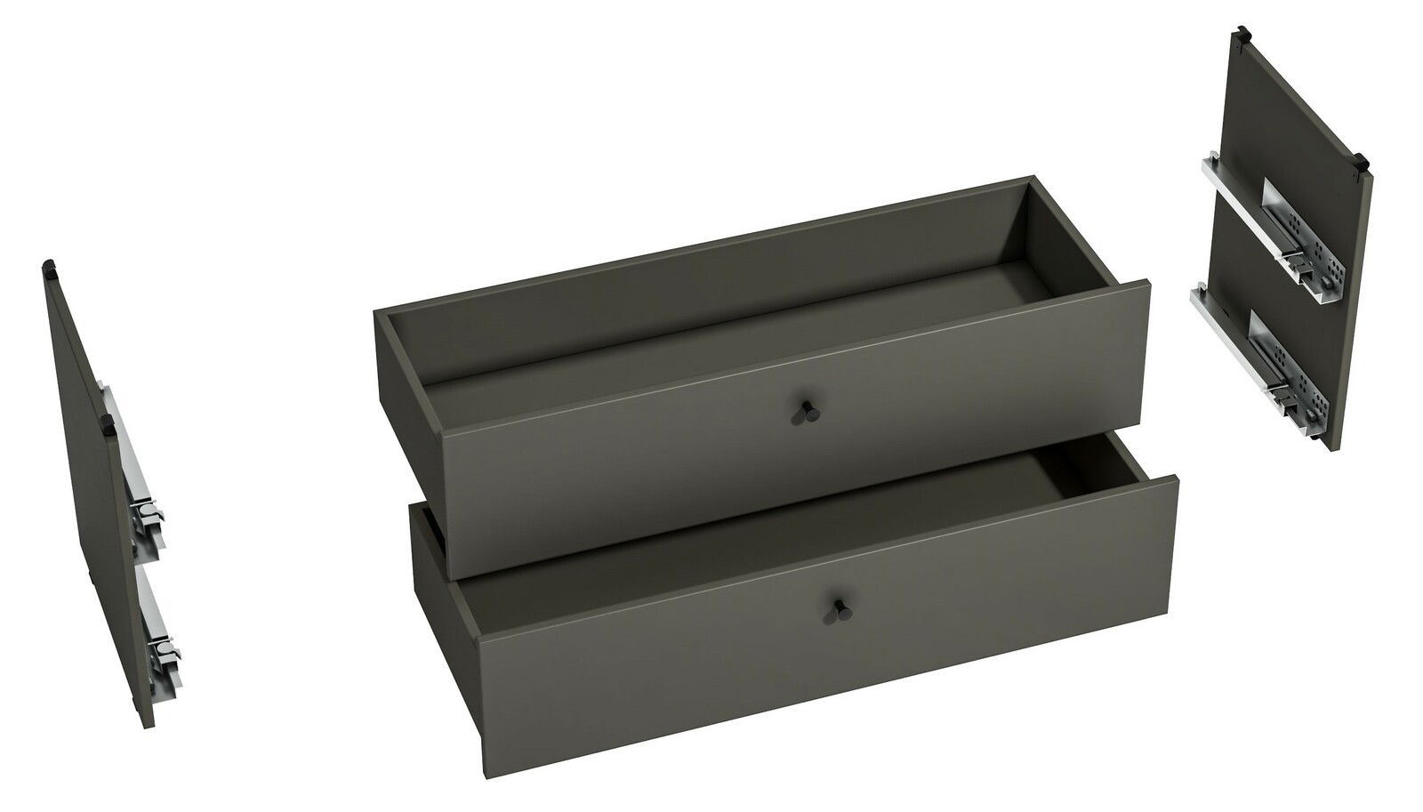 Zweier-Schubladen-Set in dunklem Grau, perspektivisch von oben gezeigt, mit seitlichen Schienen.