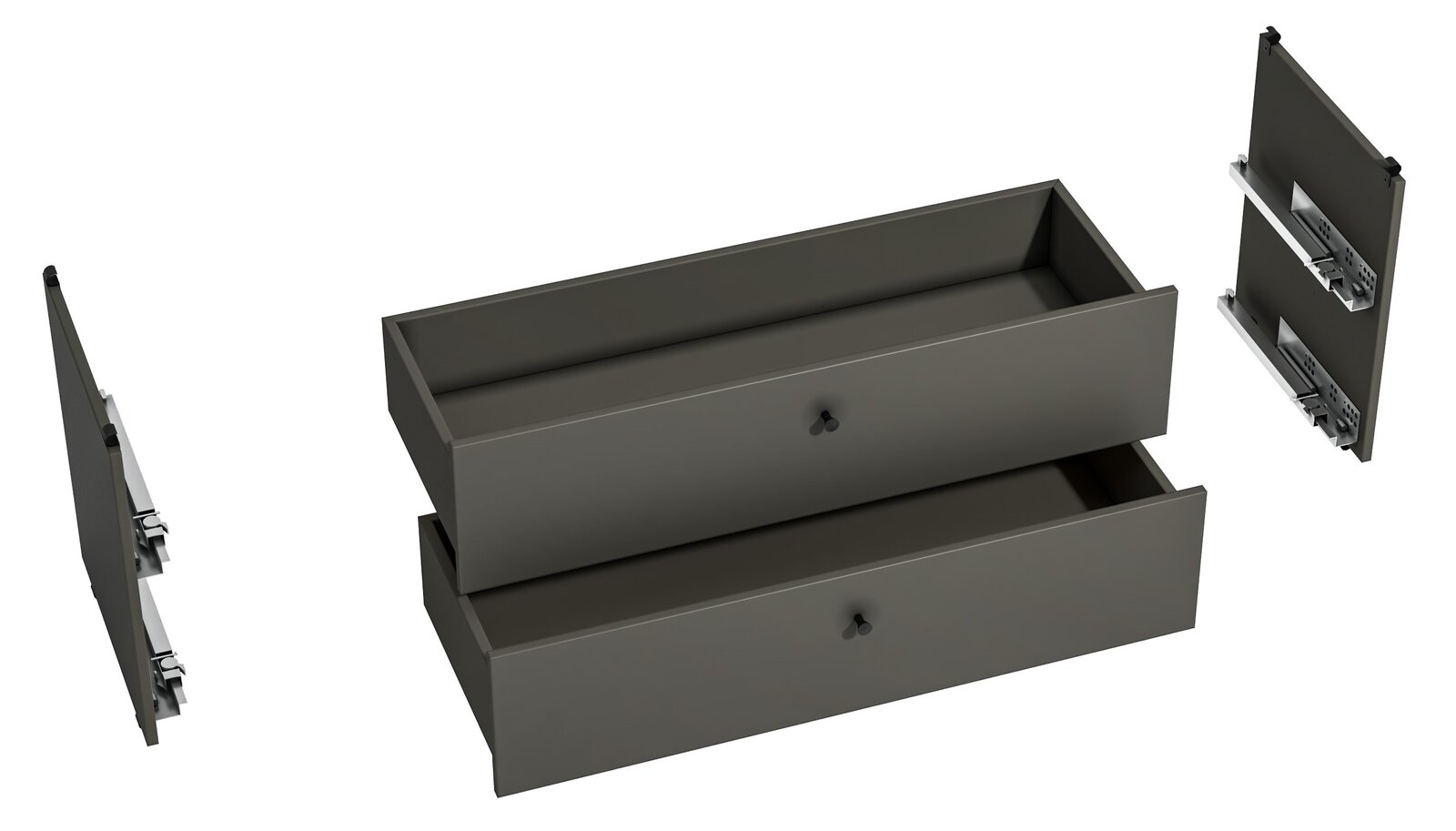 Zweier-Schubladen-Set in dunklem Grau, perspektivisch von oben gezeigt, mit seitlichen Schienen.