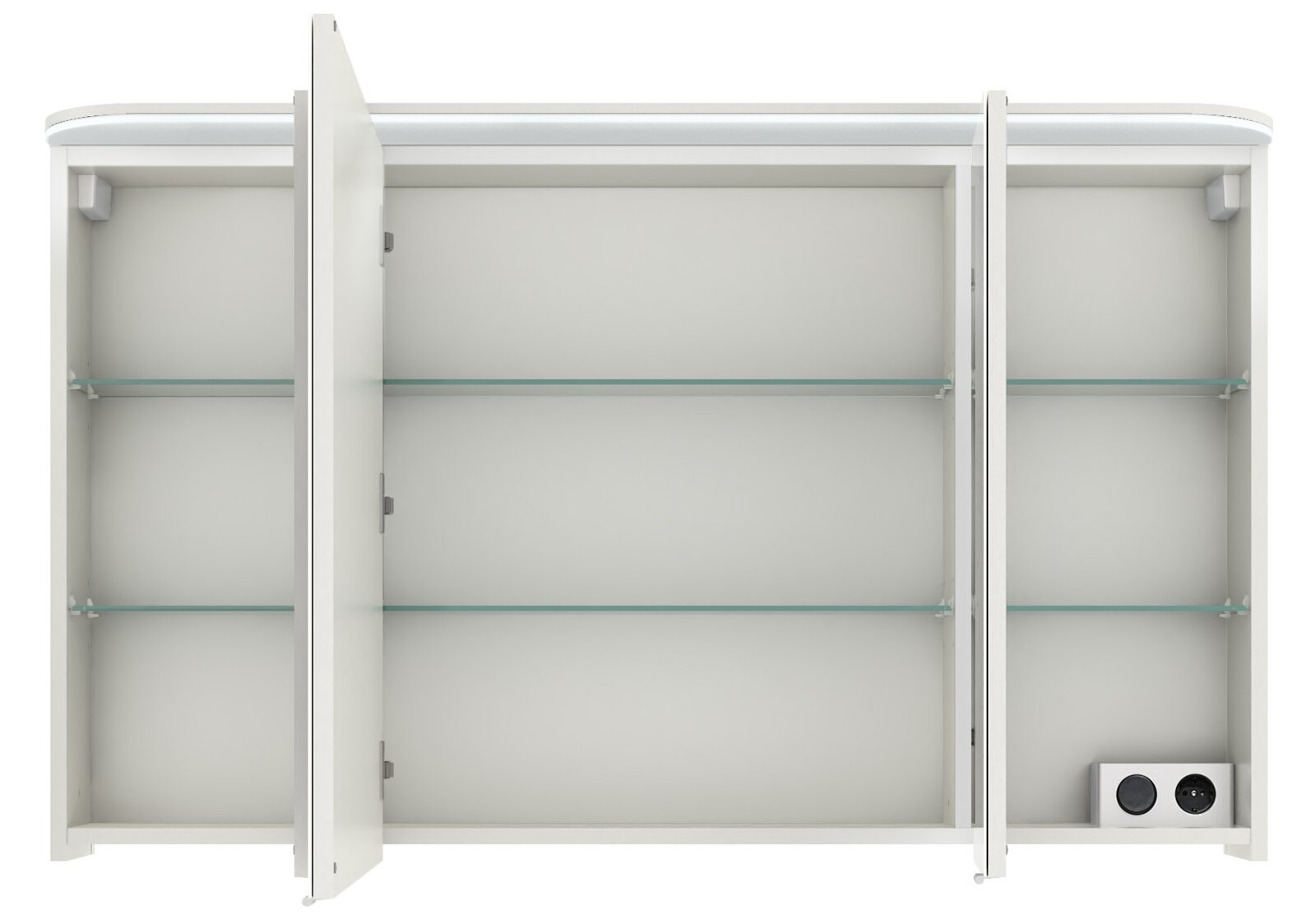 Spiegelschrank mit drei Türen, zwei davon geöffnet, zeigt Innenregale und Steckdose, Frontalansicht.