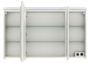 Spiegelschrank mit drei Türen, zwei davon geöffnet, zeigt Innenregale und Steckdose, Frontalansicht.