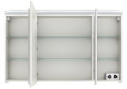 Spiegelkast met drie deuren, waarvan er twee openstaan, met zicht op de planken binnenin en het stopcontact, vooraanzicht.