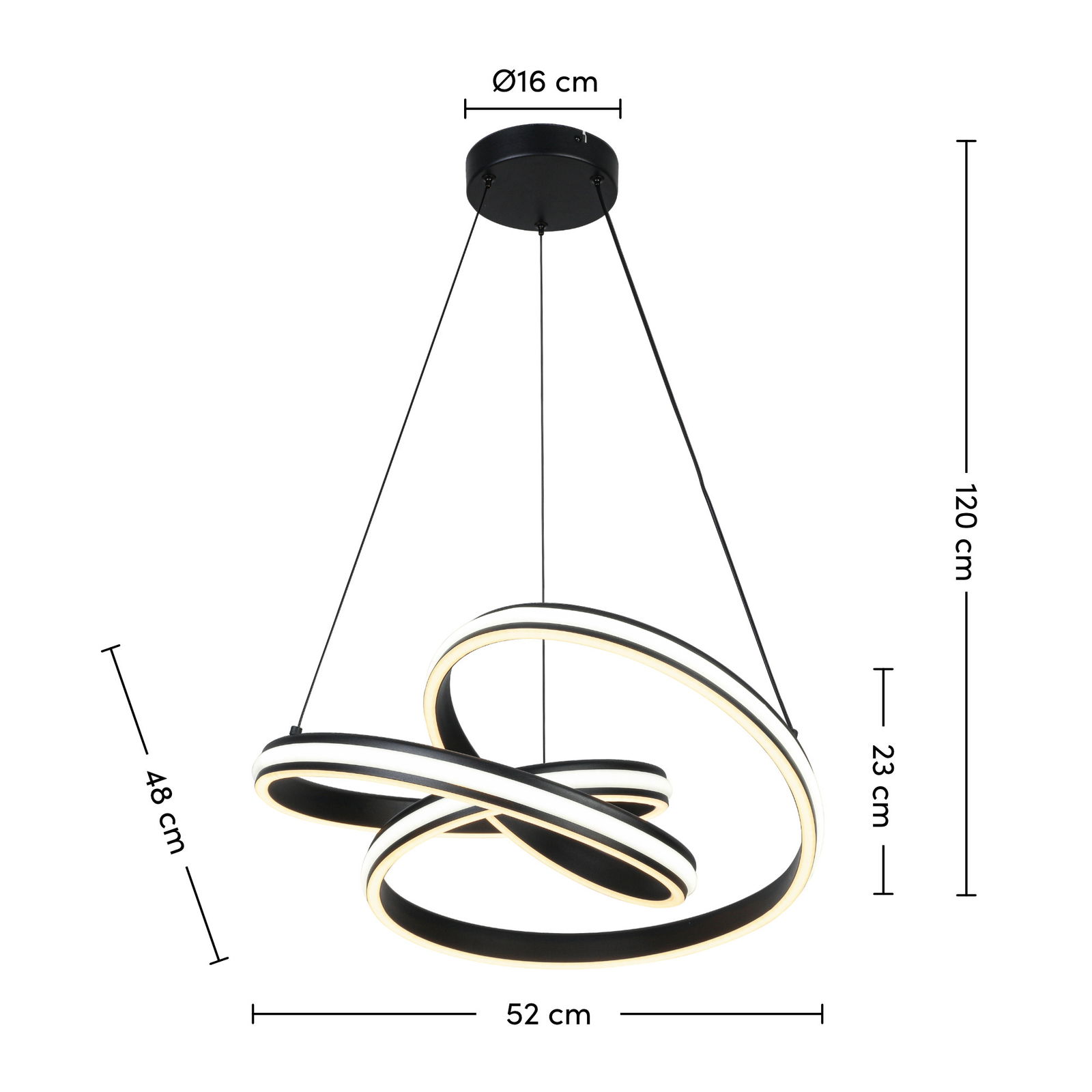Moderne LED-Hängeleuchte mit geschwungenem Design, seitliche Perspektive