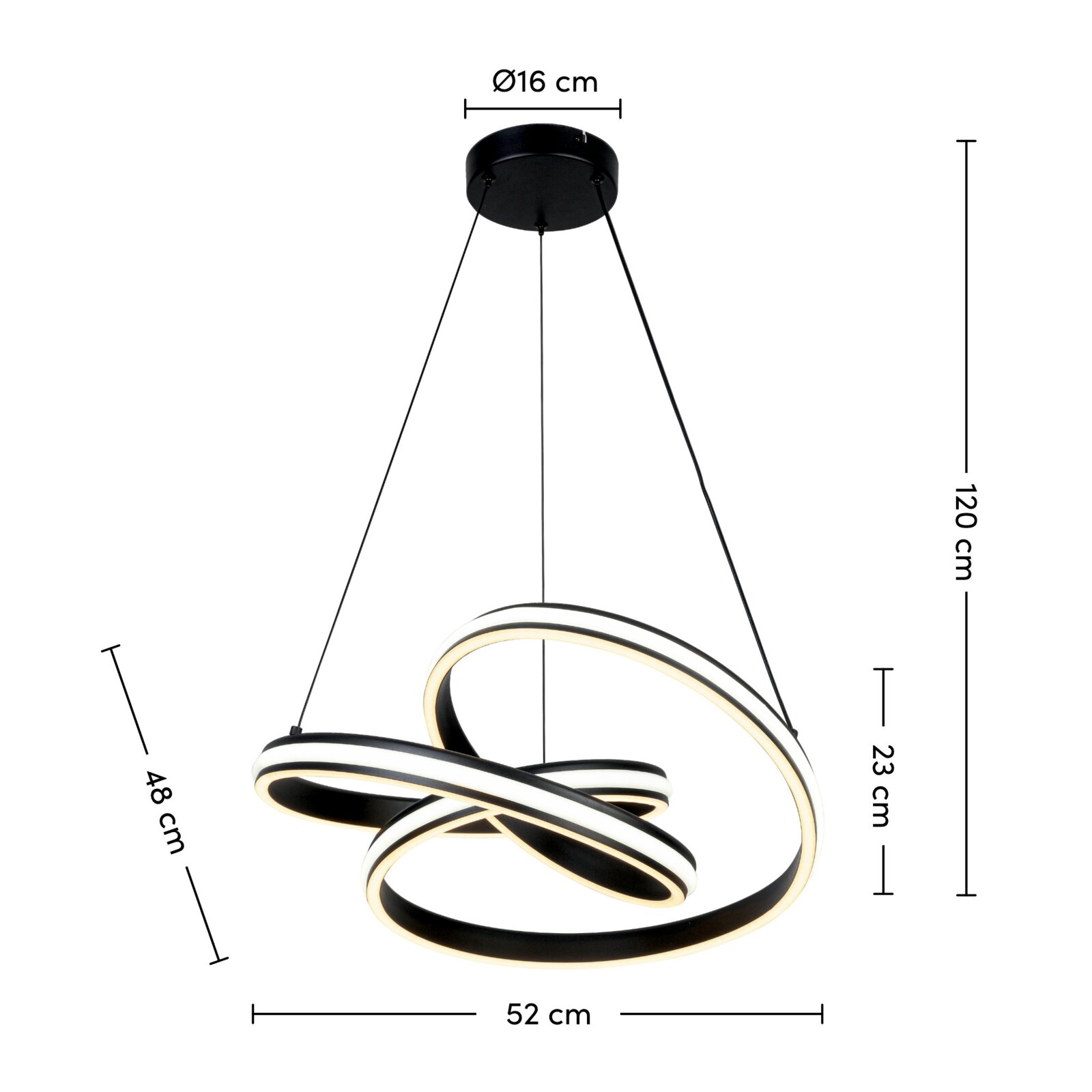 Moderne LED-Hängeleuchte mit geschwungenem Design, seitliche Perspektive
