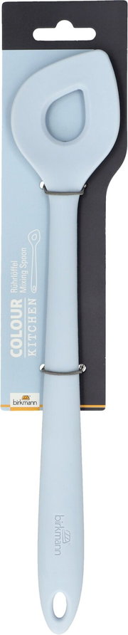 Hellblauer Rührlöffel aus Silikon, frontal abgebildet auf einer Verpackungskarte.