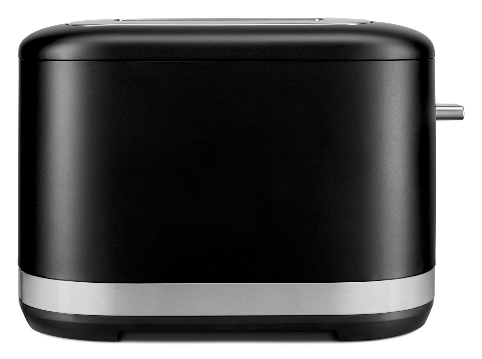 Seitenansicht eines schwarzen 2-Scheiben-Toasters mit silbernem Akzent.