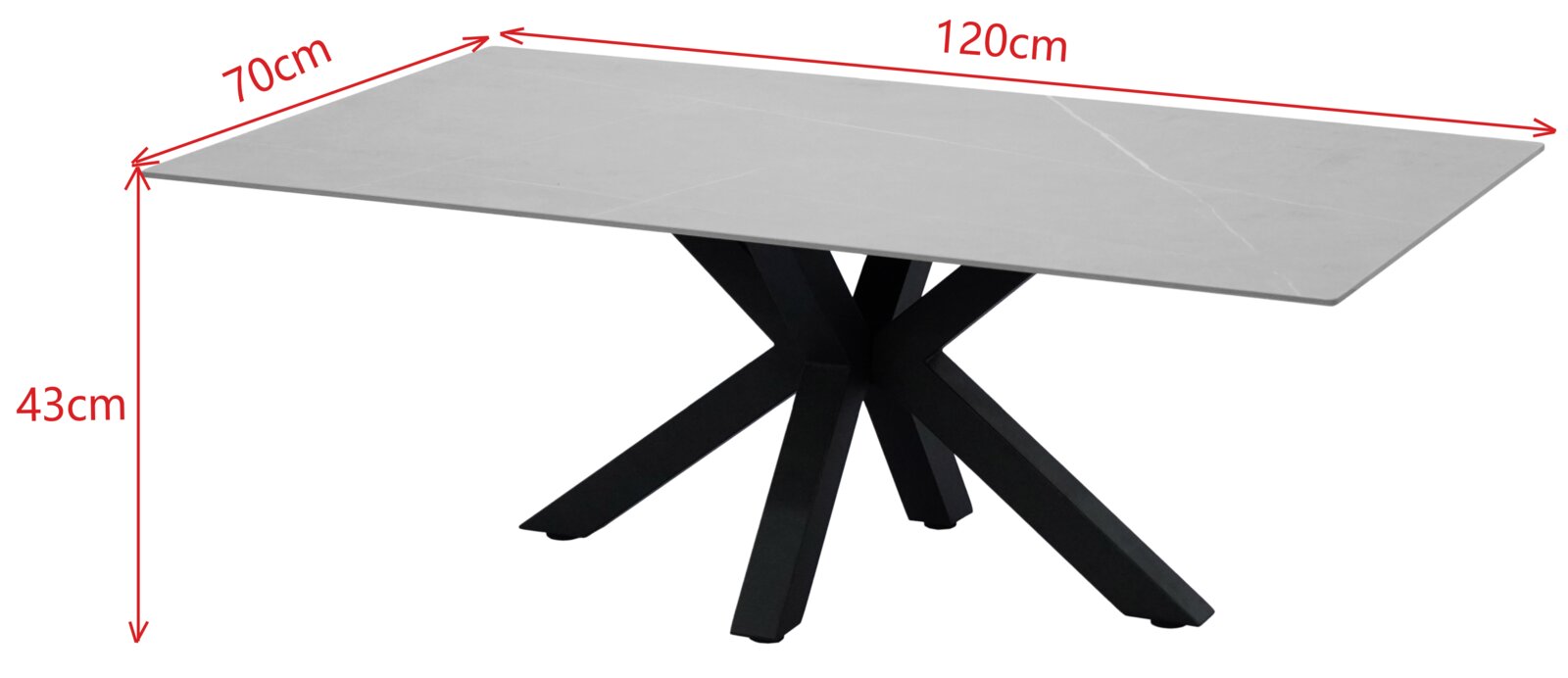 Moderner Couchtisch mit rechteckiger, grauer Tischplatte und schwarzem, kreuzförmigem Metallgestell, seitliche Perspektive.