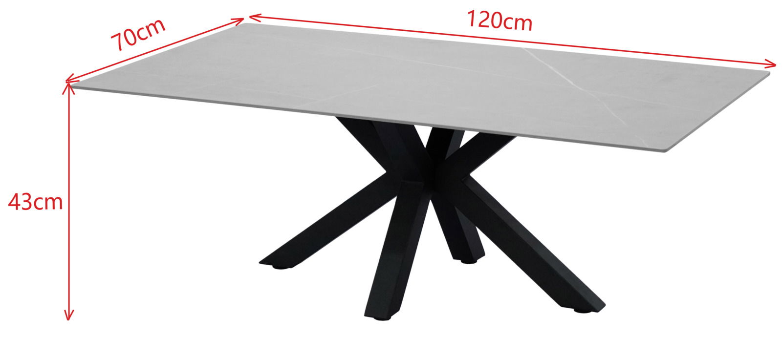 Moderner Couchtisch mit rechteckiger, grauer Tischplatte und schwarzem, kreuzförmigem Metallgestell, seitliche Perspektive.