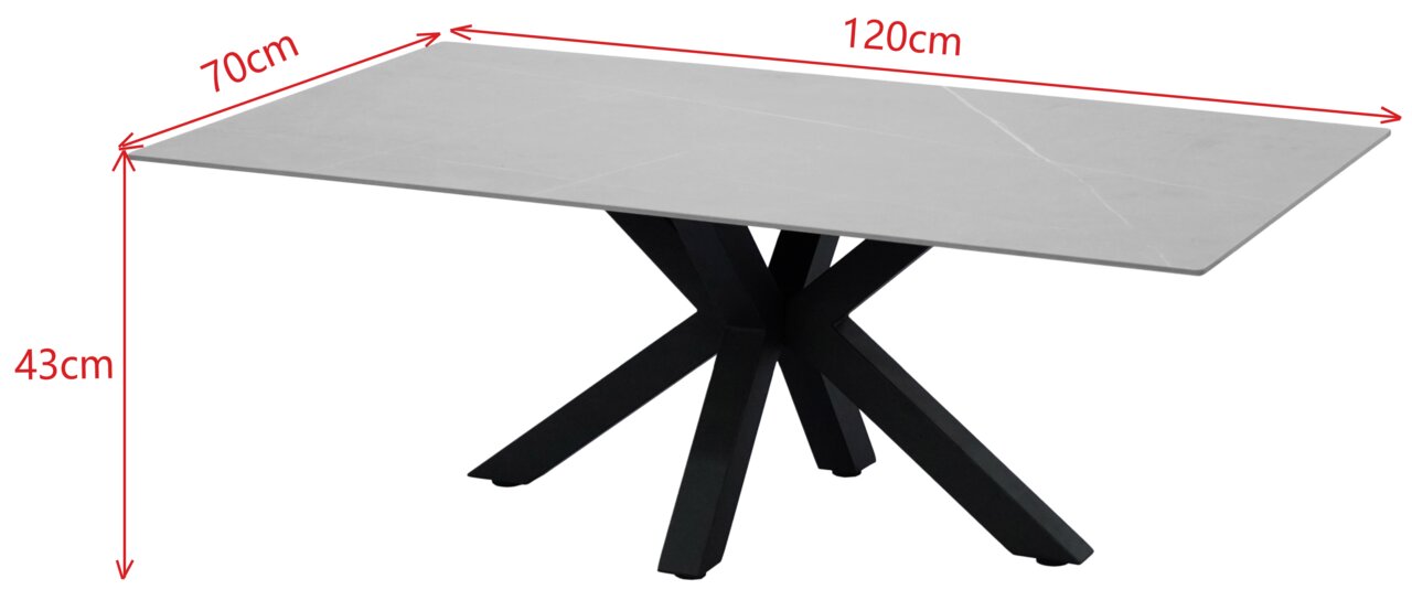 Novel Salontafel CLOUD Moderne salontafel met een rechthoekig, grijs tafelblad en een zwart, kruisvormig metalen onderstel, gezien vanaf de zijkant.