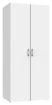 Weißer Mehrzweckschrank mit zwei Türen und silbernen Griffen, Frontalansicht