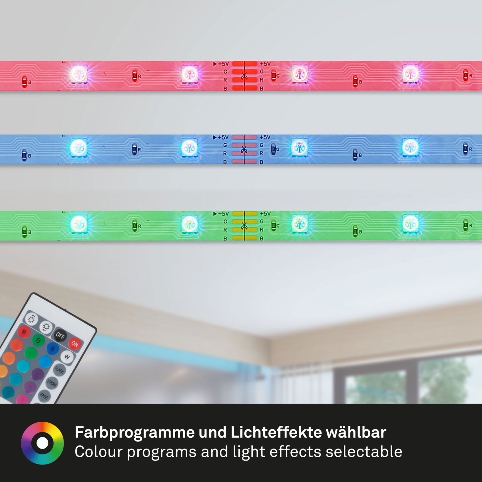 RGB-LED Flexband mit Fernbedienung, zeigt verschiedene Farben und Lichteffekte aus der Perspektive eines Wohnzimmers.