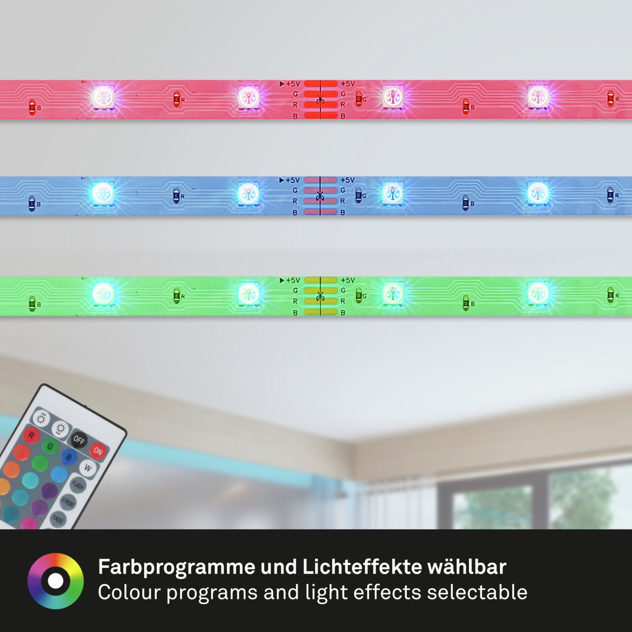RGB-LED Flexband mit Fernbedienung, zeigt verschiedene Farben und Lichteffekte aus der Perspektive eines Wohnzimmers.