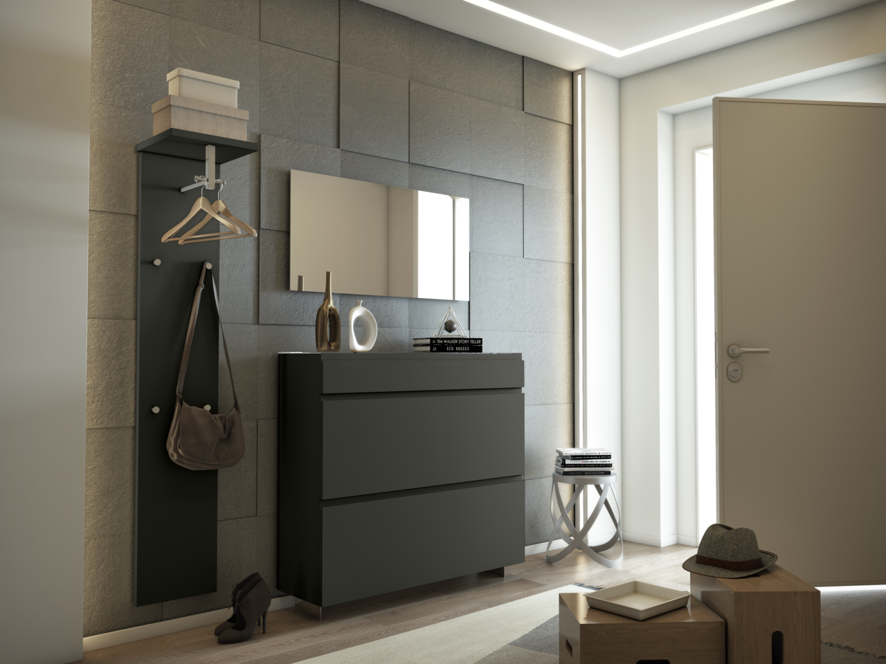 Moderner Eingangsbereich mit Garderobenpaneel und Hängeschuhschrank in dunklem Design, seitliche Perspektive.