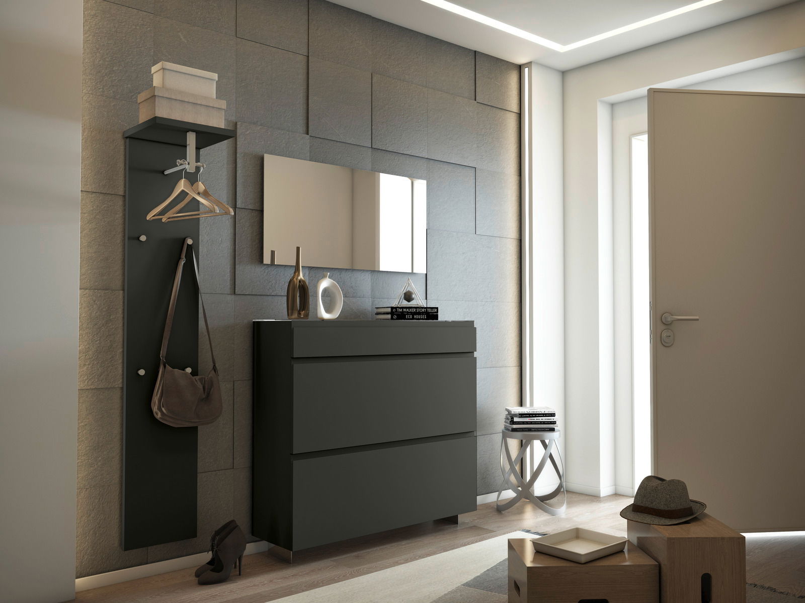 Moderano Garderobepaneel LECCO Moderner Eingangsbereich mit Garderobenpaneel und Hängeschuhschrank in dunklem Design, seitliche Perspektive.