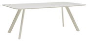 Moderner weißer Esstisch mit schrägen Beinen, seitliche Perspektive