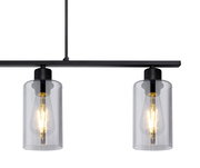 Moderne Hängeleuchte mit zwei klaren Glaszylindern und sichtbaren Glühbirnen, seitliche Perspektive.
