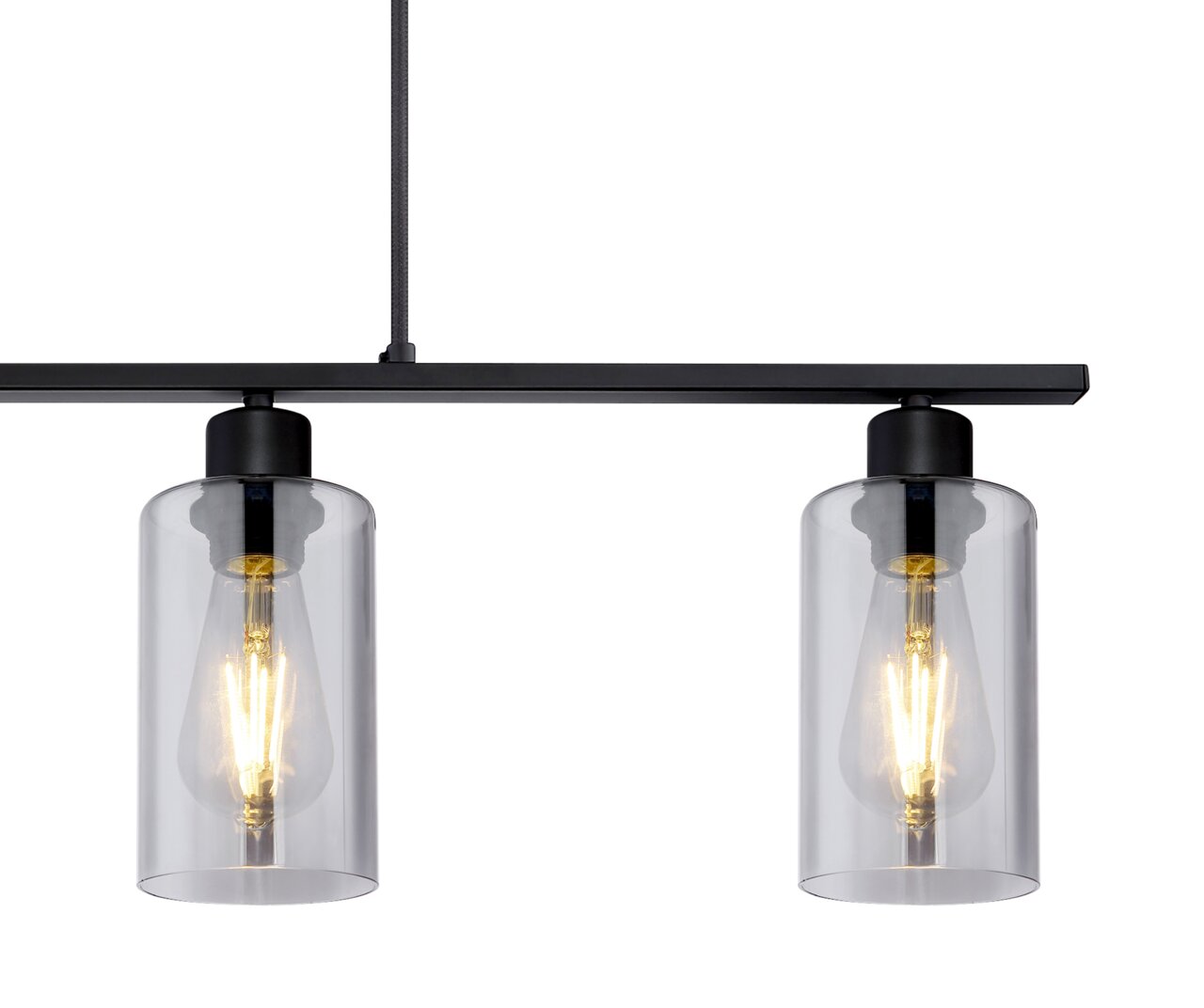 Moderne Hängeleuchte mit zwei klaren Glaszylindern und sichtbaren Glühbirnen, seitliche Perspektive.
