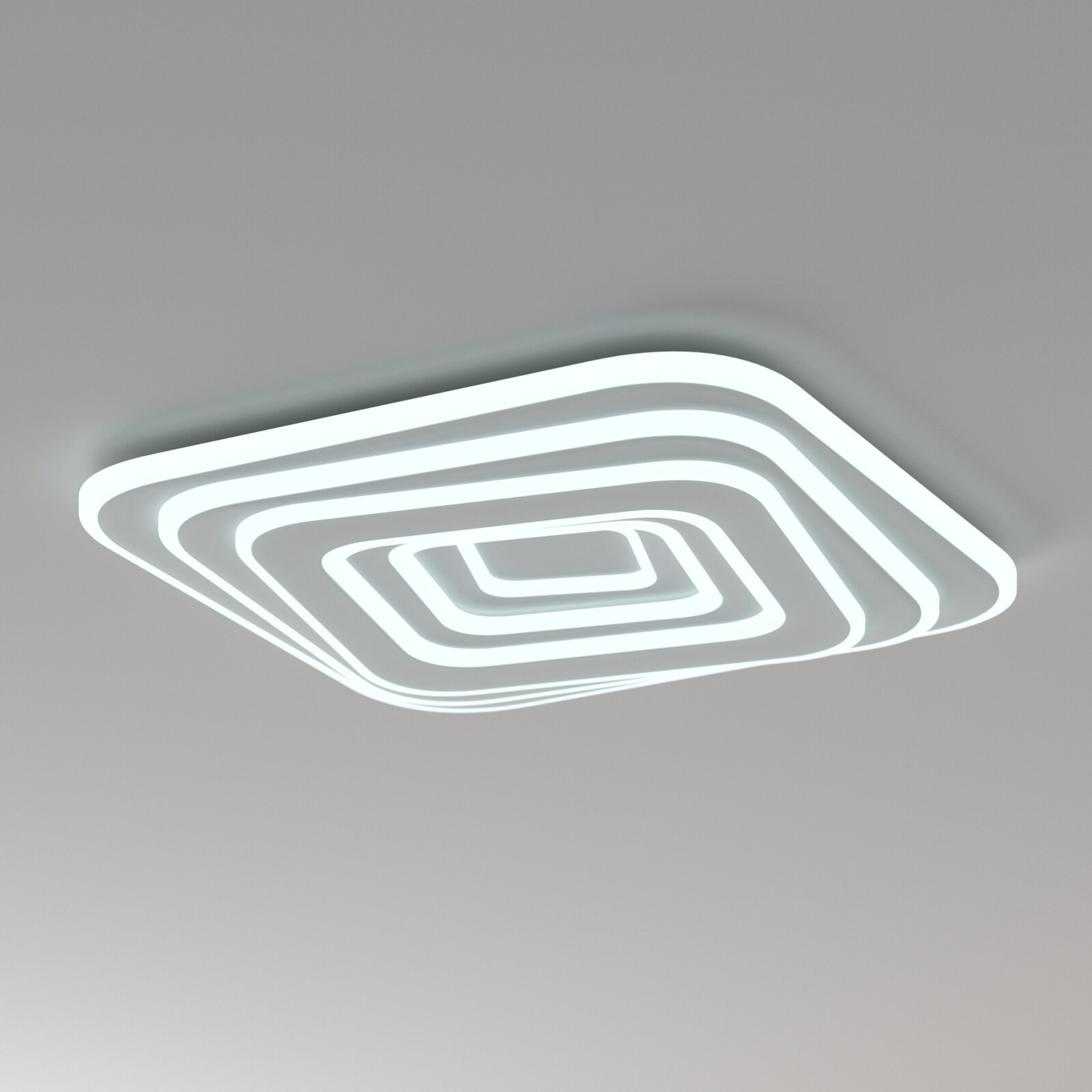 Moderne LED-Deckenleuchte mit mehreren konzentrischen, quadratischen Lichtbändern in Weiß, an der Decke montiert, aus schräger Untersicht fotografiert