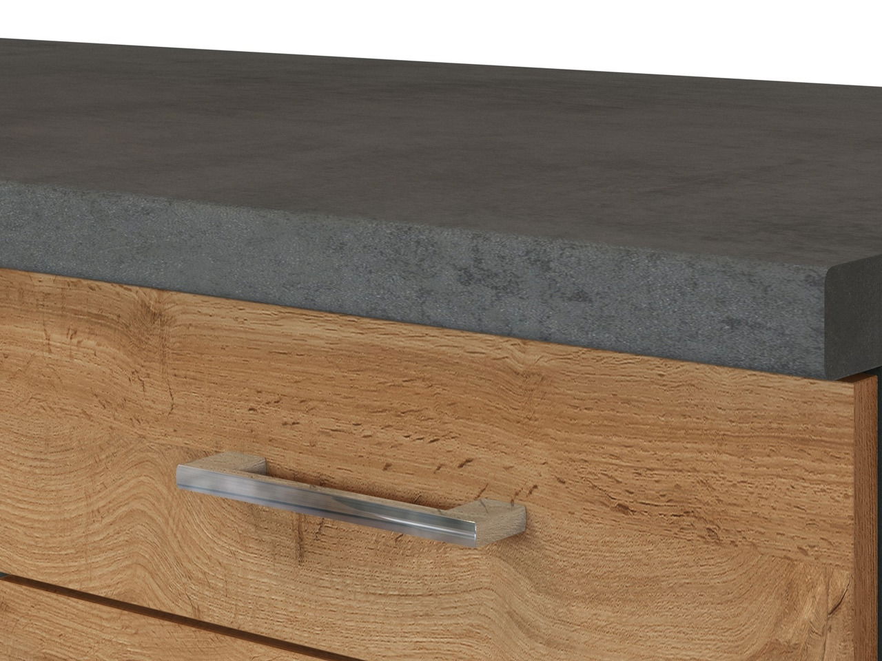 Nahaufnahme einer Küchenschublade mit Holzoptik und grauer Arbeitsplatte, seitliche Perspektive.