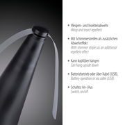 Fliegenwedler in Nahaufnahme, mit schimmernden Streifen zur Insektenabwehr, batteriebetrieben oder per USB-Kabel, kann kopfüber hängen.