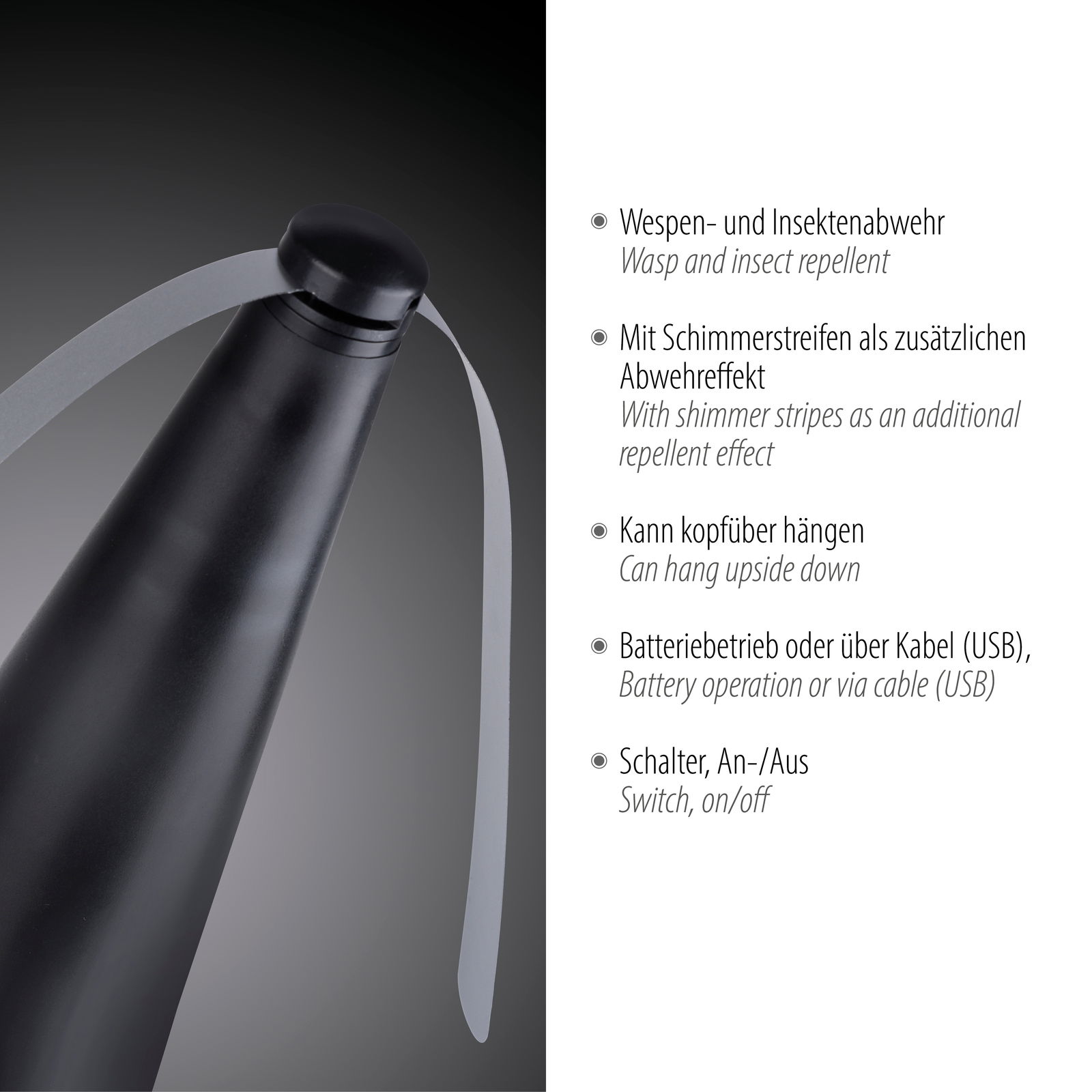 Fliegenwedler in Nahaufnahme, mit schimmernden Streifen zur Insektenabwehr, batteriebetrieben oder per USB-Kabel, kann kopfüber hängen.