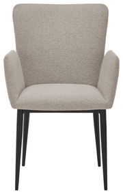 Frontansicht eines modernen Armlehnstuhls mit hellgrauem Stoffbezug und schwarzen Beinen.